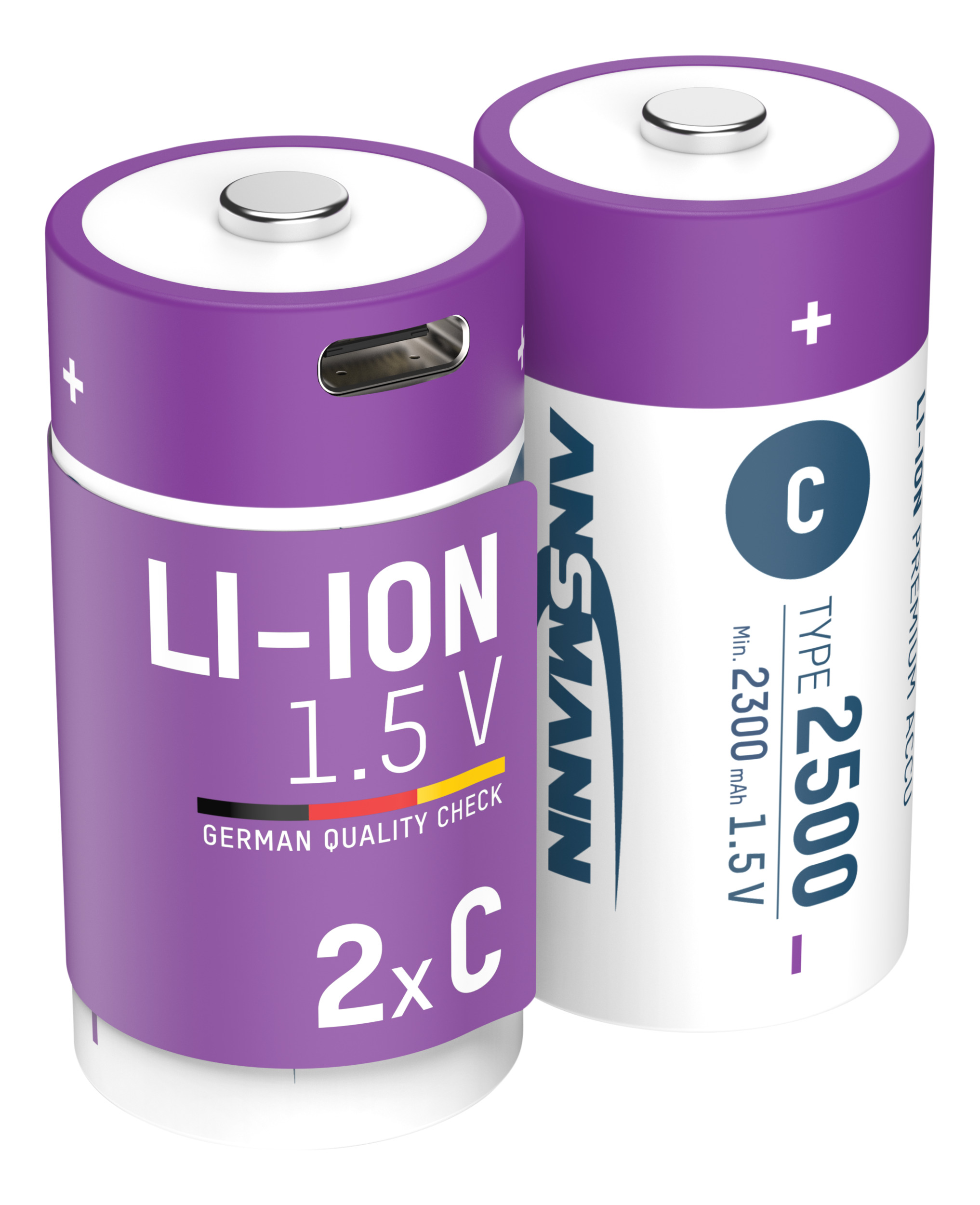 Uzlādējamas baterijas C 1,5 V 2500 mAh (Li-Ion 4,07 Wh), ar USB-C maksimālo izejas jaudu DC 1,5 V 2,5 A (2 gab. kaste) ANSMANN
