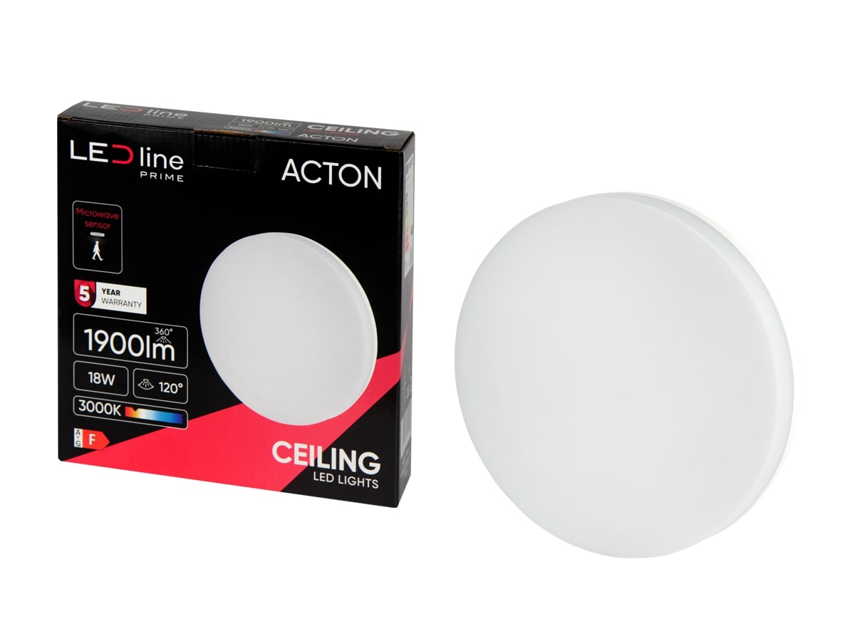LED gaismeklis, virszemes montāžai, ACTON 18W 1900lm 3000K IP54, apaļš, ar kustības sensoru