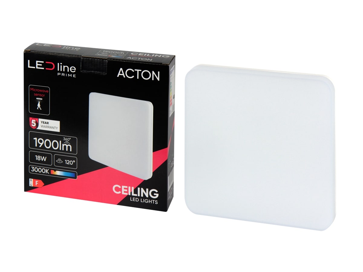LED gaismeklis, virszemes montāžai, ACTON 18W 1900lm 3000K IP54 kvadrātveida ar kustības sensoru