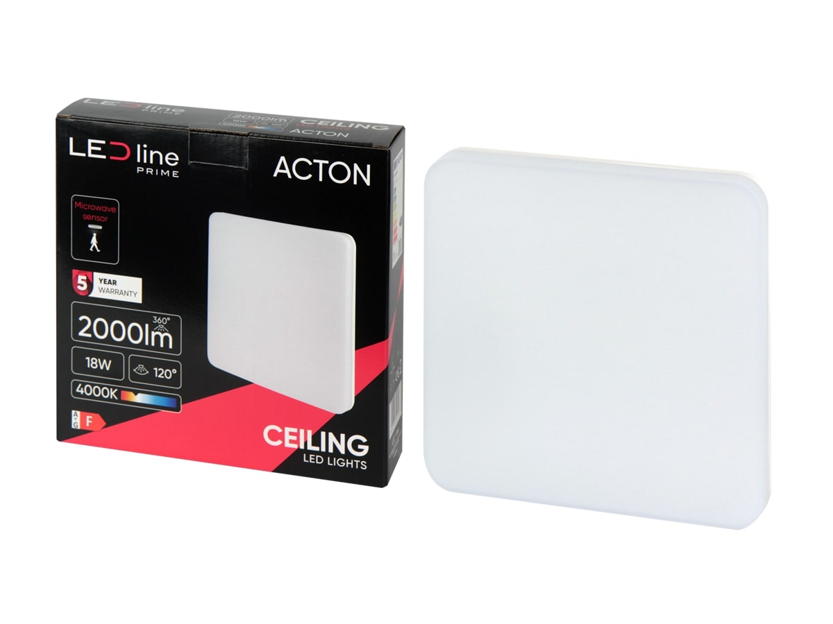 LED gaismeklis, virszemes montāžai, ACTON 18W 2000lm 4000K IP54, kvadrātveida, ar kustības sensoru