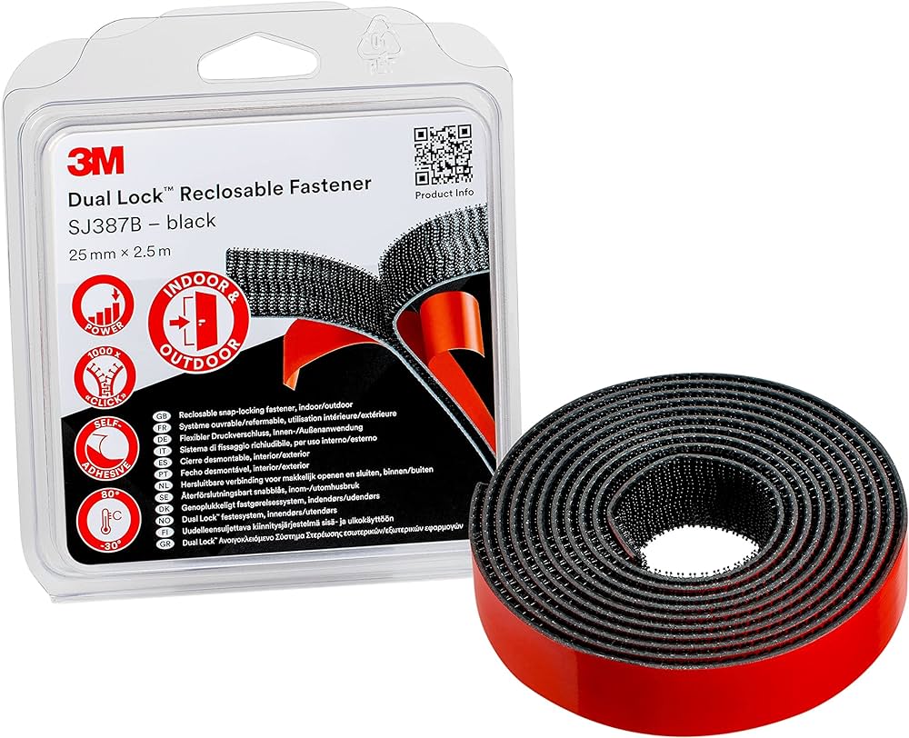 3M™ Dual Lock™ atkārtoti noslēdzams stiprinājums SJ387B, melns, 25 mm x 2,5 m, 6,1 mm, blisteris, melns, 25 mm x 2,5 m, 6,1 mm.