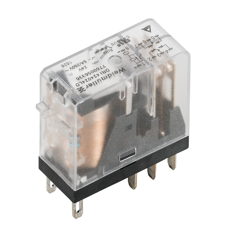 DRI 424024, relejs, 24 V līdzstrāvas, 2CO, AgSnO, 5 A, LED, plakanas lāpstiņas savienojumi (2,5 mm x 0,5 mm), Weidmuller
