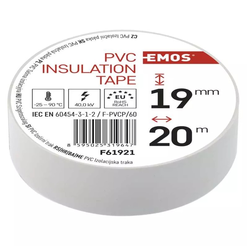 Elektroizolācijas lente PVC 19mm x 013mm x 20m, balta