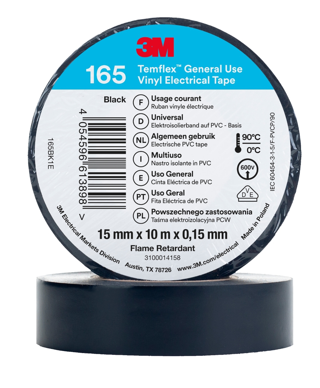 Vinila elektriskā lente 3M Temflex 165 15mmx15mmx10m, melna, 3M