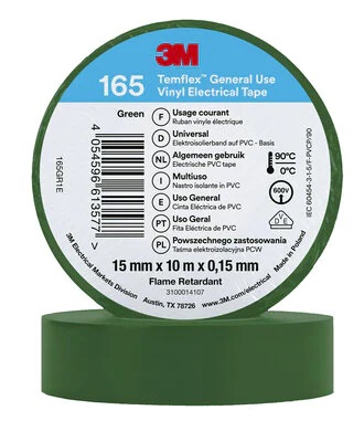 Vinila elektriskā lente 3M Temflex 165 15mmx15mmx10m, zaļa, 3M