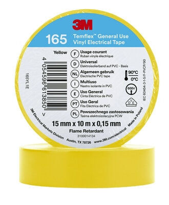 Vinila elektriskā lente 3M Temflex 165 15mmx15mmx10m, dzeltena, 3M