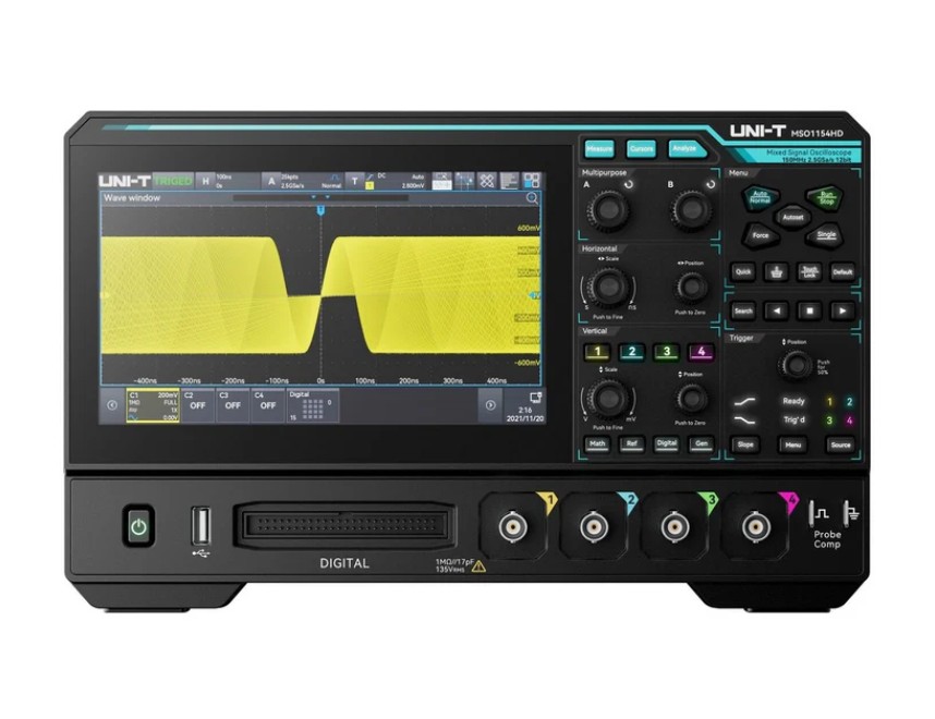 Augstas izšķirtspējas osciloskops, 4 CH, 12bit, 150Mhz, 2,5GSa/s, 100 Mpts, 1M wfms/s, 16 DI CH, 7" multi-touch, UNI-T