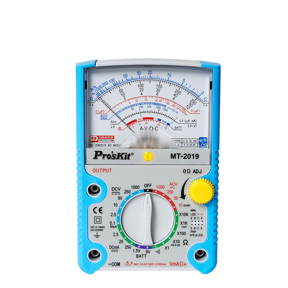 Aizsargājošs daudzfunkcionāls analogais multimetrs 0,1-1000V AC/DC, 0,05-250mA DC, Pros'Kit