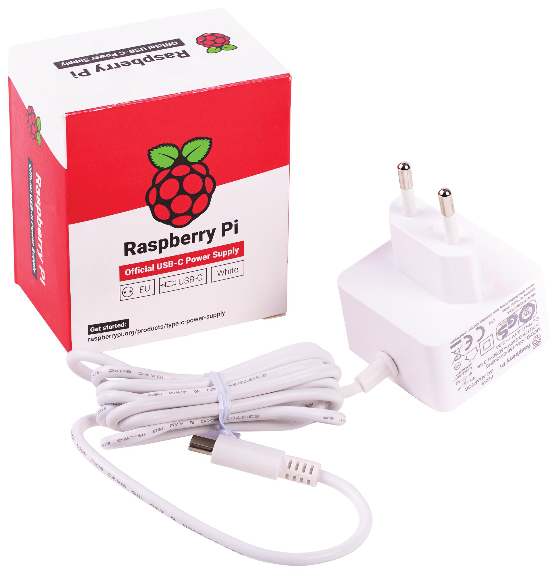 Raspberry Pi 4 Model B Official PSU, USB-C, 5.1V, 3A, EU Plug, White