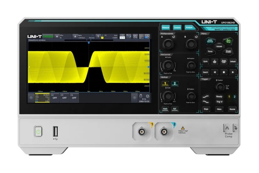 Augstas izšķirtspējas osciloskops 2 CH, 12bit, 80Mhz, 1,25 GSa/s, 100 Mpts, 500 000 wfms/s, 7" multi-touch, UNI-T