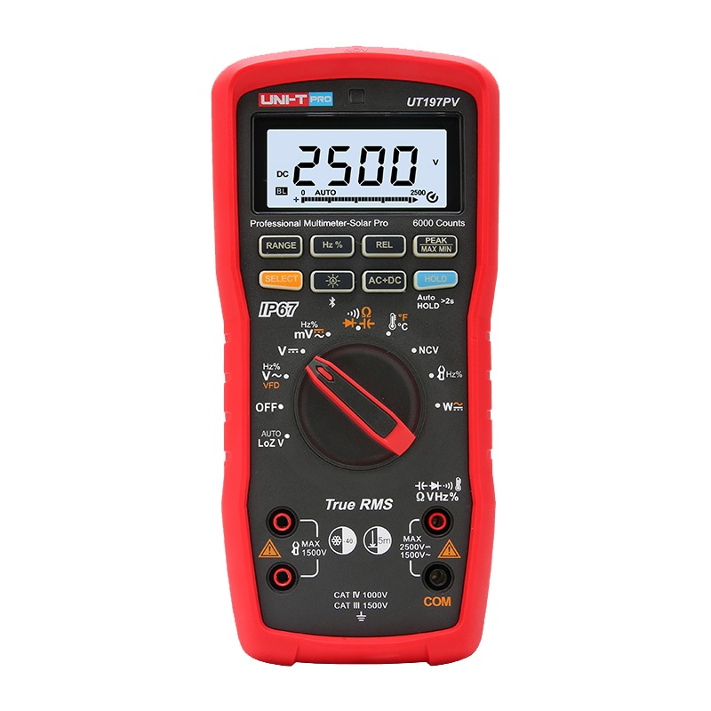 Multimetrs-Solar Pro, 2,5kV DC, 1kV AC, 10A AC/DC, 60M?; 60mF; 1MHz; 1000?, TRMS, 5m kritums, IP67, Bluetooth, CAT IV 1000V&CAT III 1500V, UNI-T