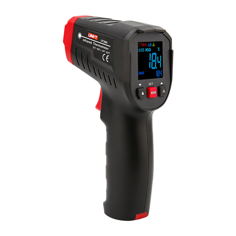 IR termometrs, -50 ℃ ~ 500 ℃; Lāzera tips: aplis; D:S attiecība: 12: 1;   Emisijas koeficients: regulējams no 0,10 līdz 1,00; UNI-T