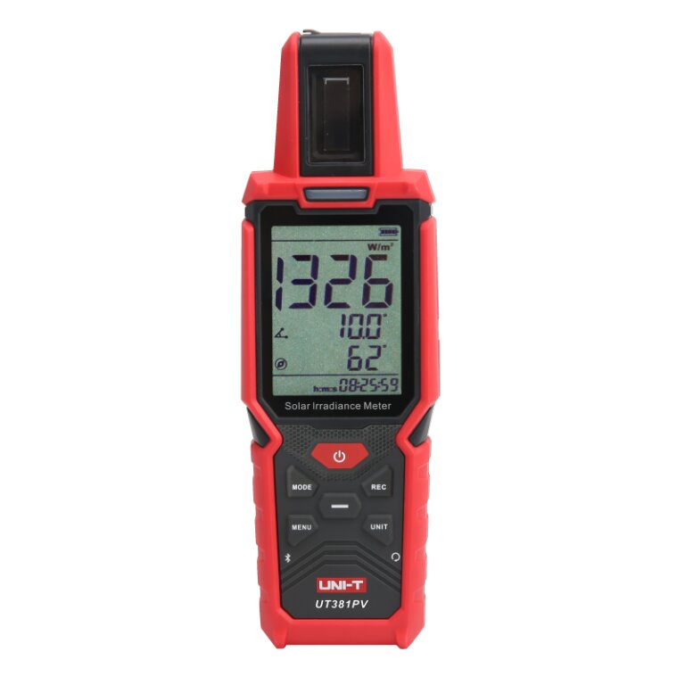 Saules starojuma mērītājs, 1400 W/m², -40～120 ℃, –90,0~+90,0 °, 0~360°, Bluetooth, IP65, UNI-T