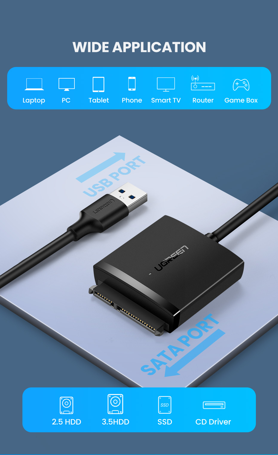 UGREEN Adapteris 2.5/3.5 HDD, SSD diskams USB 3.0 - SATA