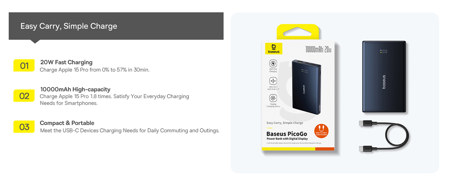 Baseus PicoGo 10000mAh Power Bank with Digital Display  20W Fast Charging